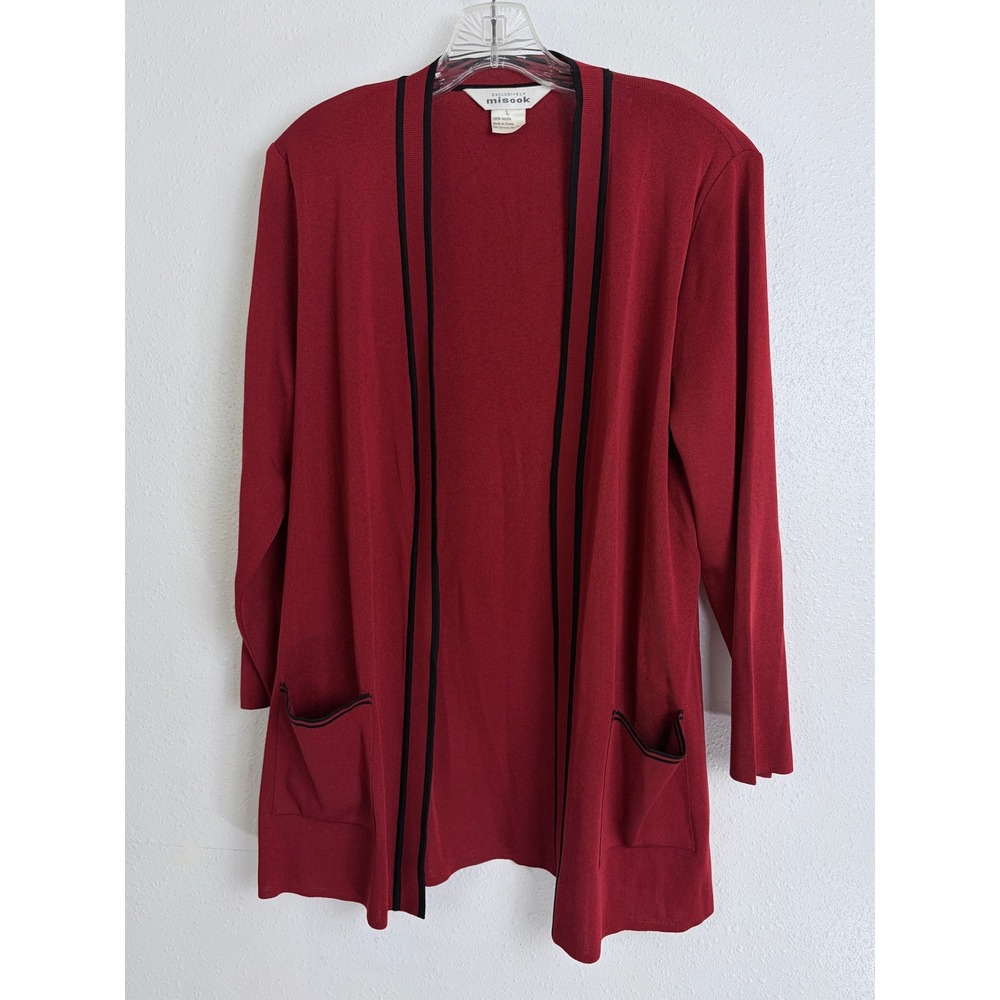 Misook Red Black Trim Acrylic Open Front Shoulder Pad Womens Cardigan Large